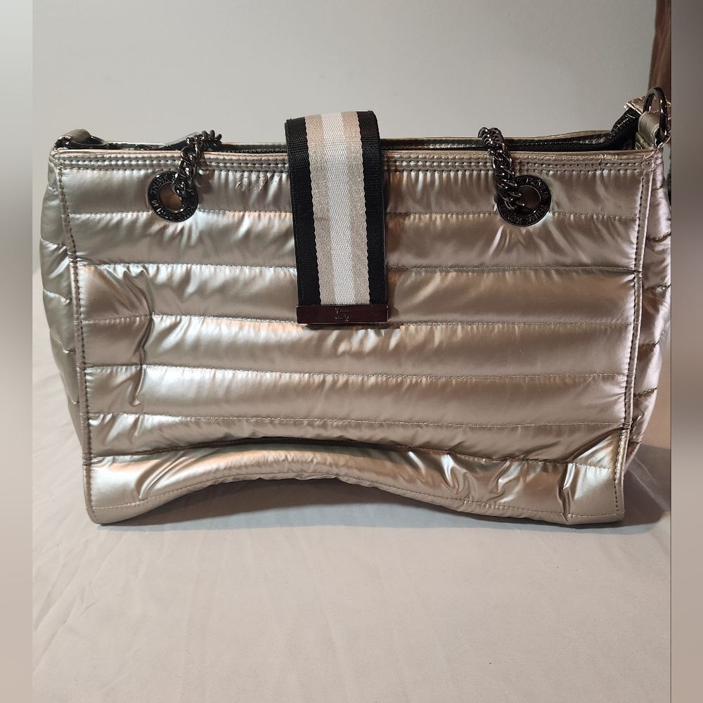 Think Royln Large Shoulder Bag Crossbody Strap Kennedy Pearl Champagne Silver